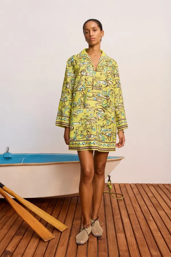 Retro Graffiti Little Fish Yellow Lapel Midi Top in Yellow, product view 02