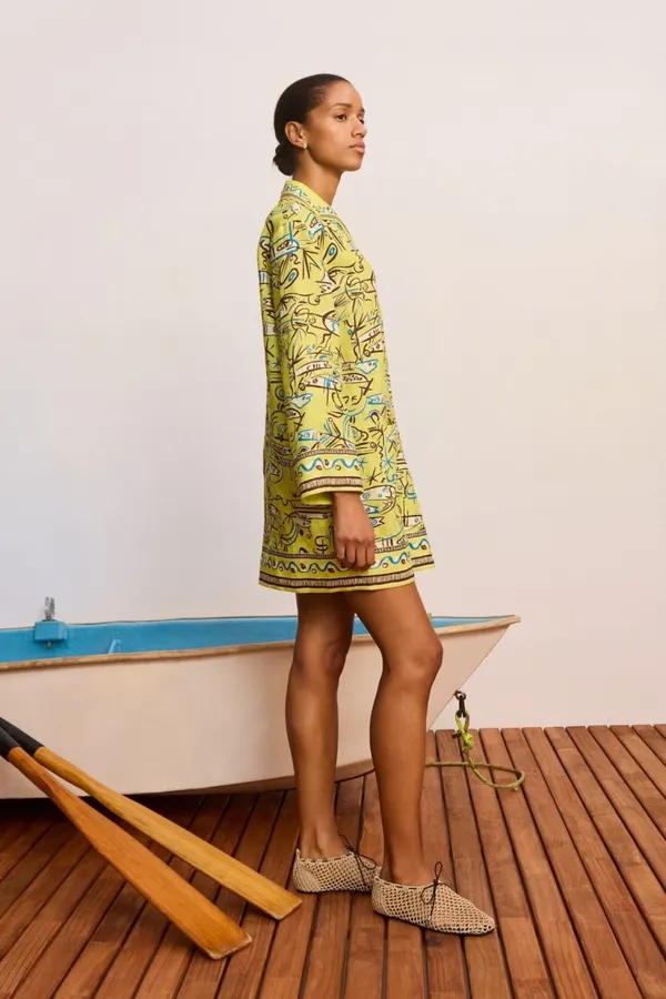 Retro Graffiti Little Fish Yellow Lapel Midi Top in Yellow, product view 03