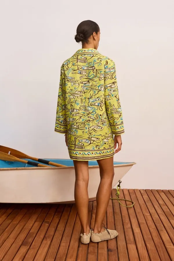 Retro Graffiti Little Fish Yellow Lapel Midi Top in Yellow, product view 04
