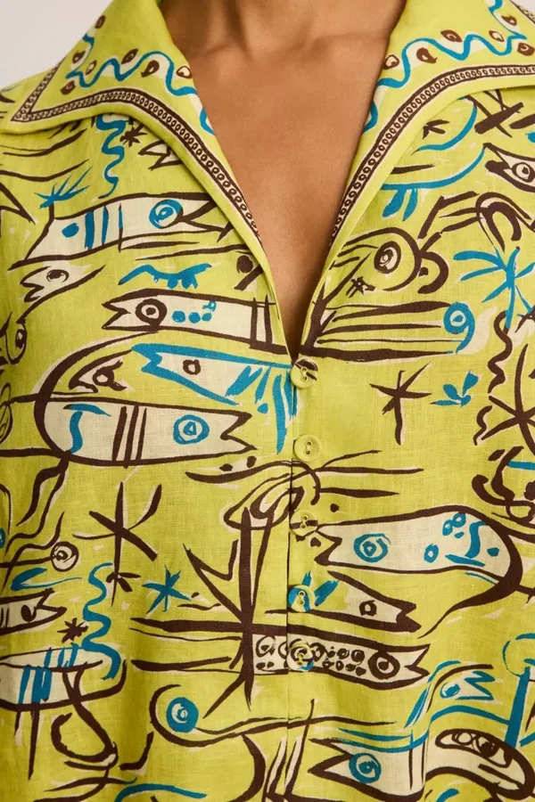 Retro Graffiti Little Fish Yellow Lapel Midi Top in Yellow, product view 05