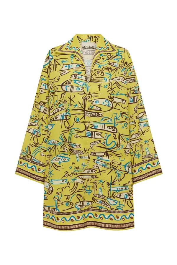 Retro Graffiti Little Fish Yellow Lapel Midi Top in Yellow, product view 06
