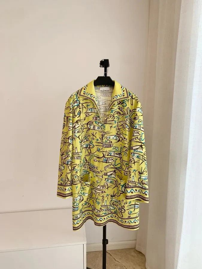 Retro Graffiti Little Fish Yellow Lapel Midi Top in Yellow, product view 07