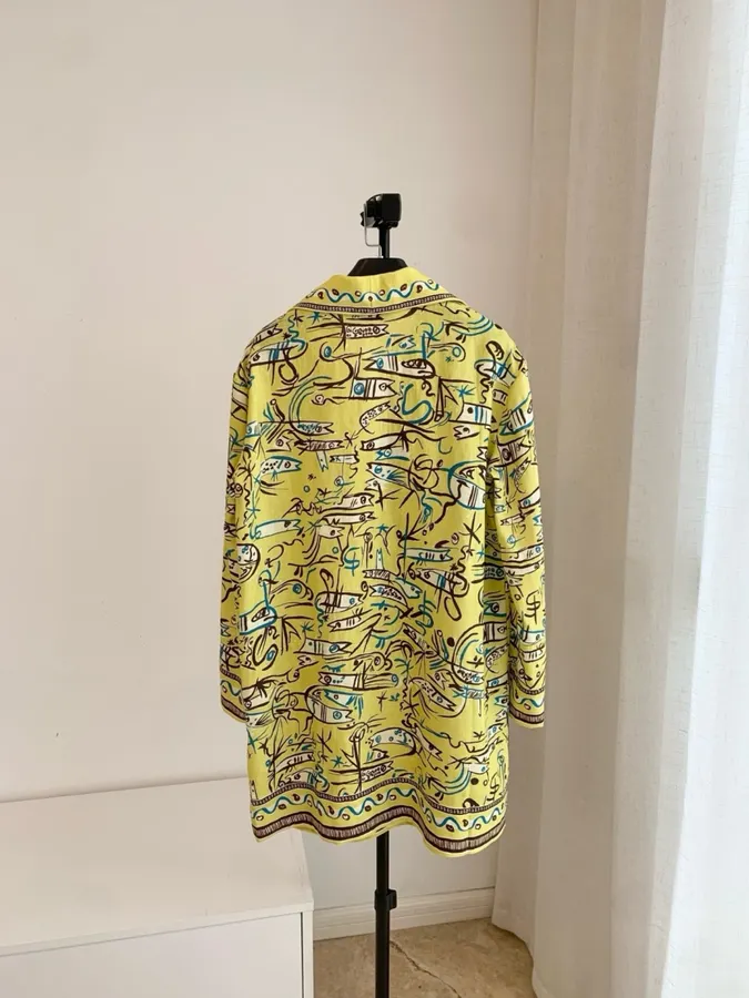 Retro Graffiti Little Fish Yellow Lapel Midi Top in Yellow, product view 08