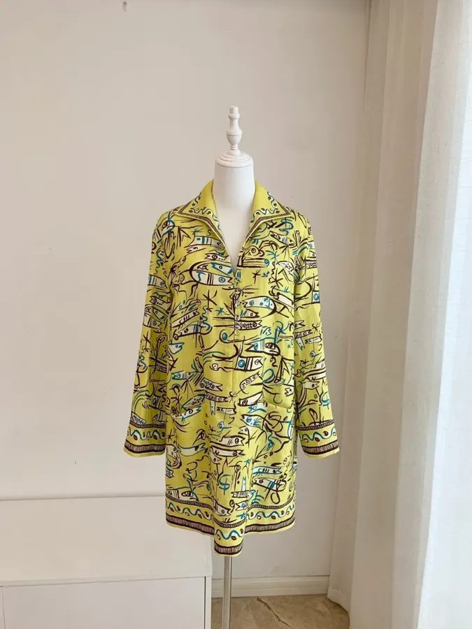 Retro Graffiti Little Fish Yellow Lapel Midi Top in Yellow, product view 09