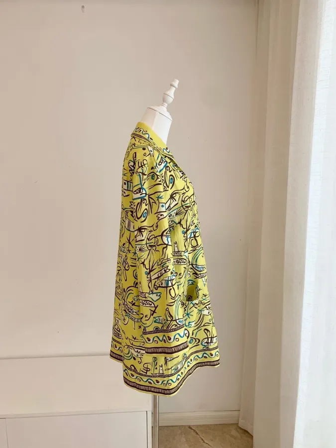 Retro Graffiti Little Fish Yellow Lapel Midi Top in Yellow, product view 10
