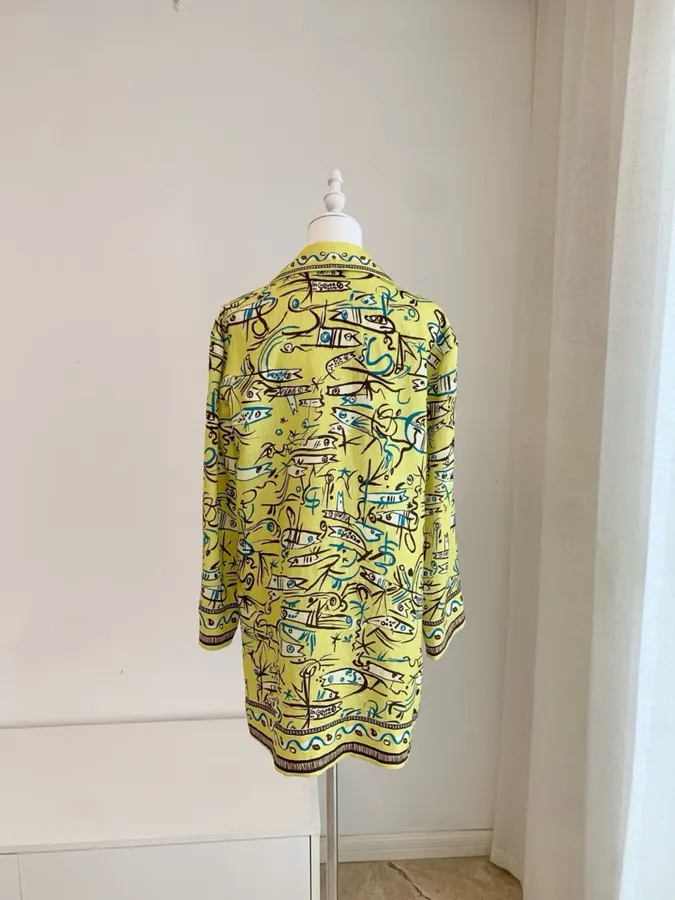 Retro Graffiti Little Fish Yellow Lapel Midi Top in Yellow, product view 11