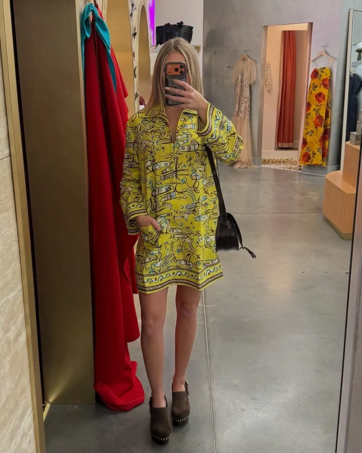 Retro Graffiti Little Fish Yellow Lapel Midi Top in Yellow, product view 12