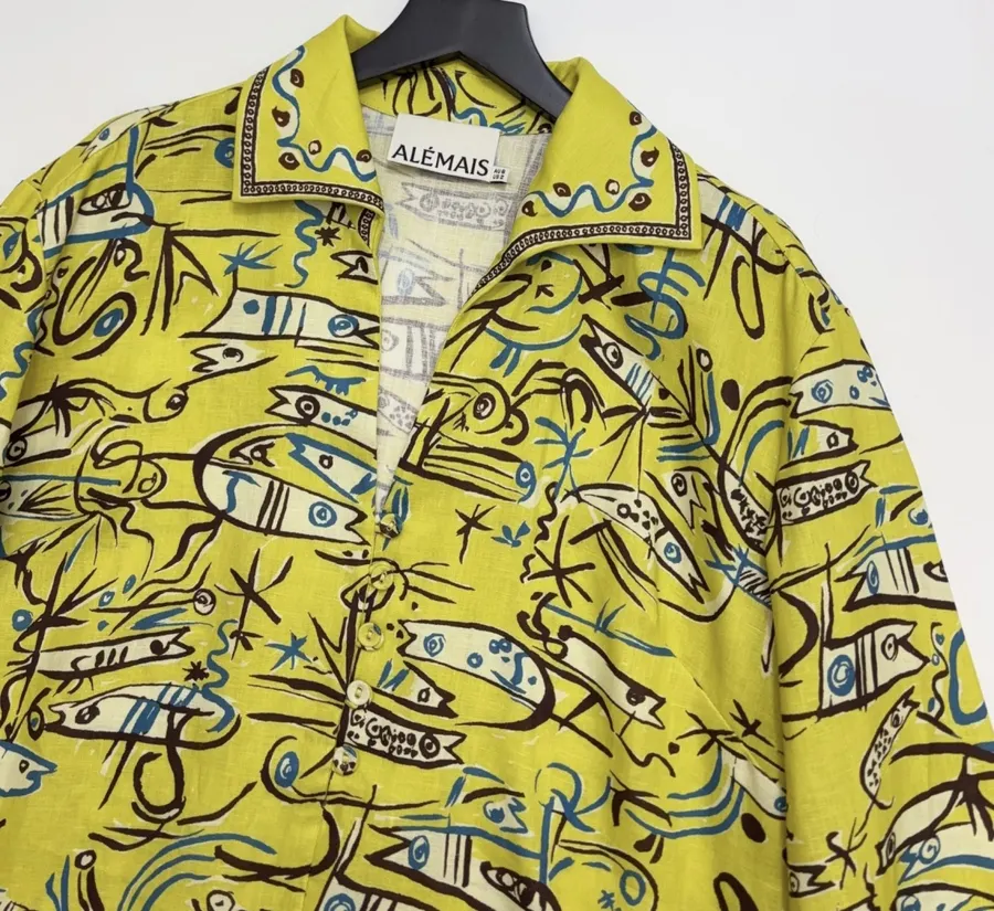 Retro Graffiti Little Fish Yellow Lapel Midi Top in Yellow, product view 13