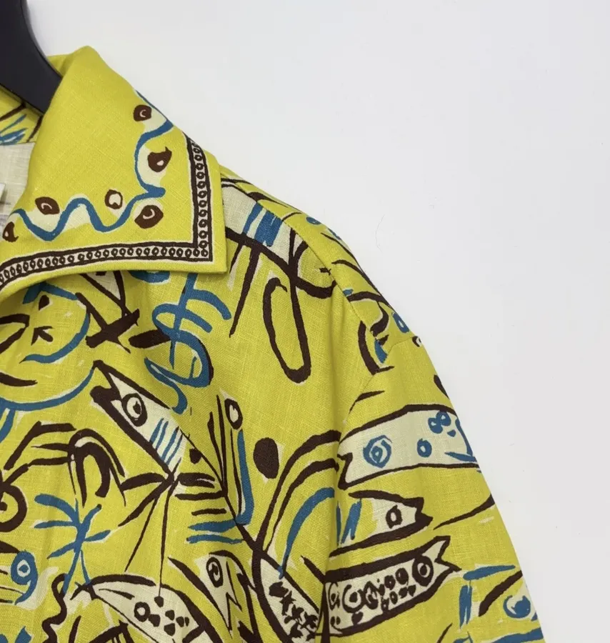 Retro Graffiti Little Fish Yellow Lapel Midi Top in Yellow, product view 14
