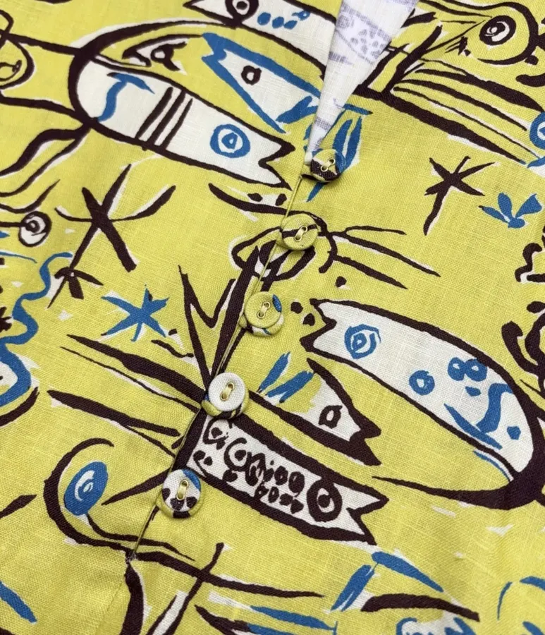 Retro Graffiti Little Fish Yellow Lapel Midi Top in Yellow, product view 15