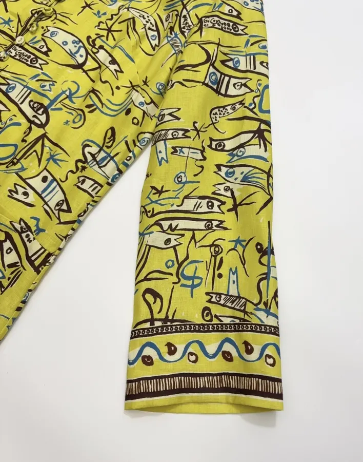 Retro Graffiti Little Fish Yellow Lapel Midi Top in Yellow, product view 17
