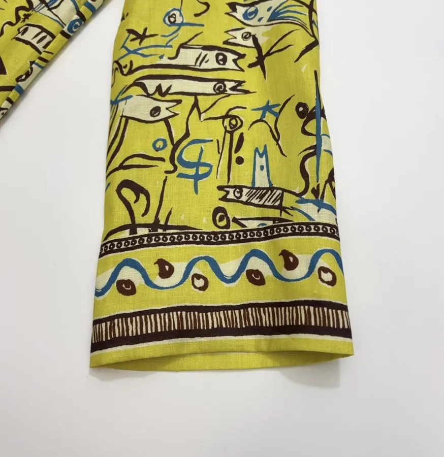 Retro Graffiti Little Fish Yellow Lapel Midi Top in Yellow, product view 18