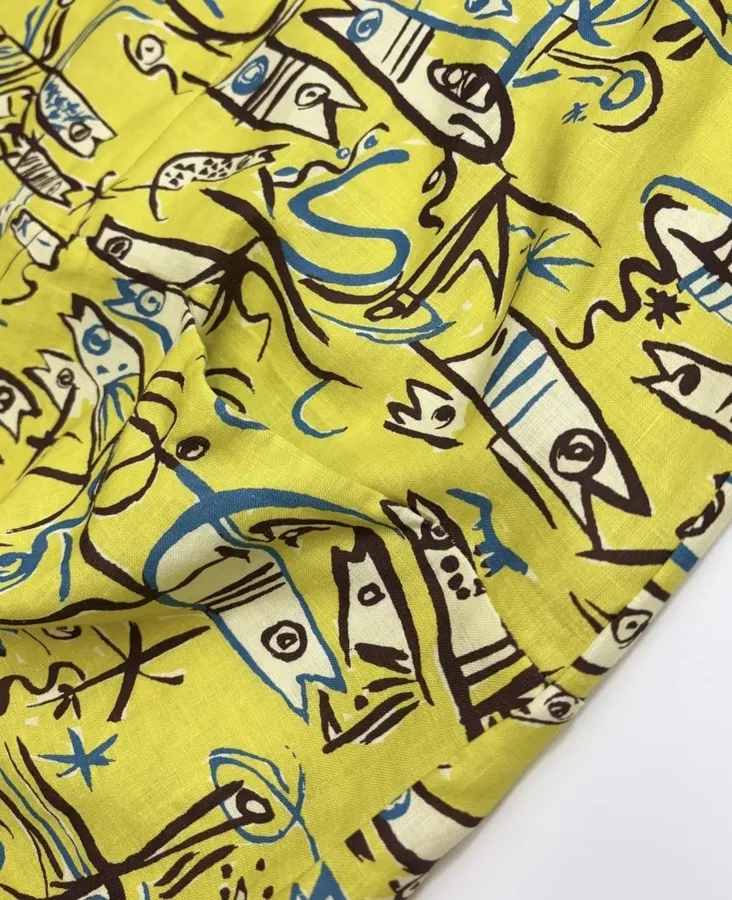 Retro Graffiti Little Fish Yellow Lapel Midi Top in Yellow, product view 20