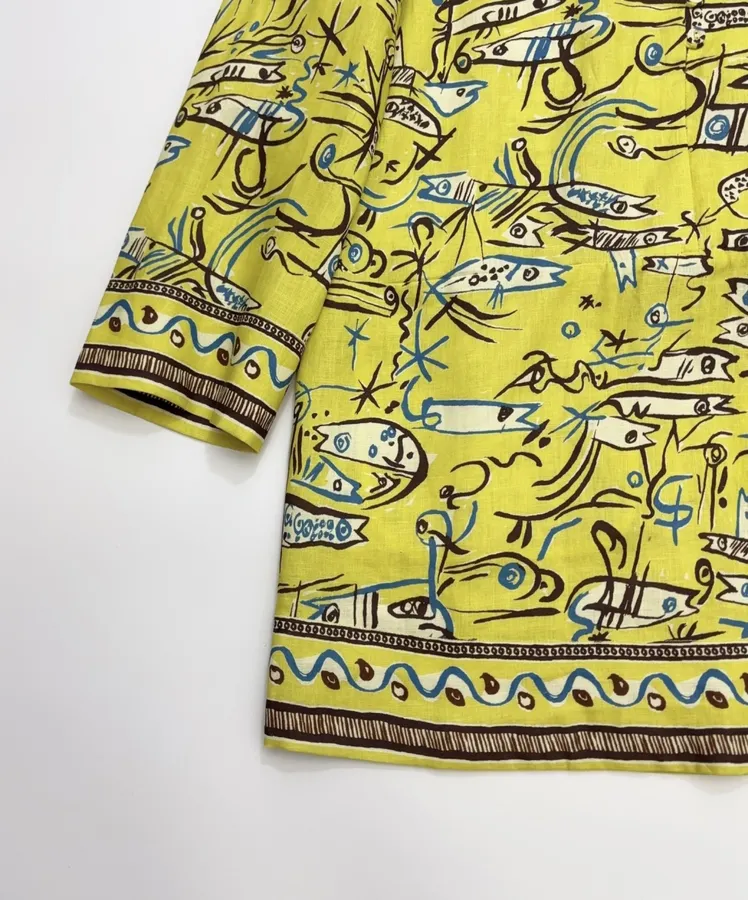 Retro Graffiti Little Fish Yellow Lapel Midi Top in Yellow, product view 21