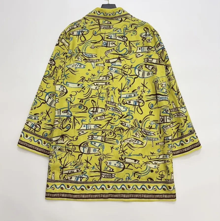 Retro Graffiti Little Fish Yellow Lapel Midi Top in Yellow, product view 26