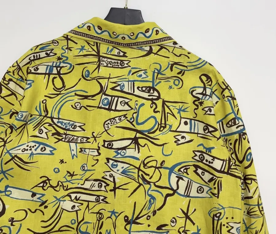 Retro Graffiti Little Fish Yellow Lapel Midi Top in Yellow, product view 27