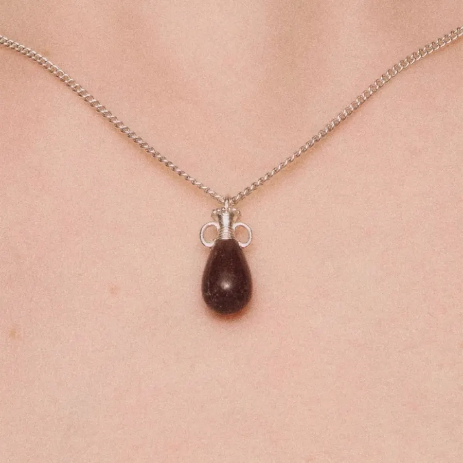 Sterling Silver Pebble Pendant Necklace in Gold and Burgundy, product view