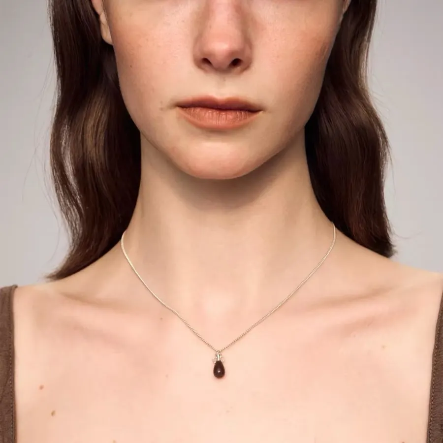 Sterling Silver Pebble Pendant Necklace in Gold and Burgundy, product view 04