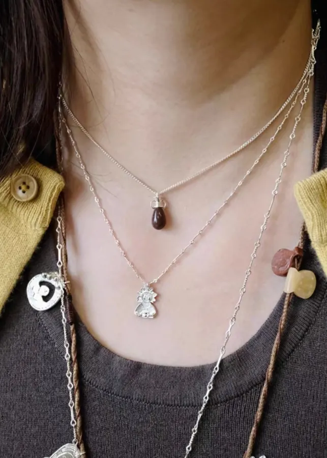 Sterling Silver Pebble Pendant Necklace in Gold and Burgundy, product view 05