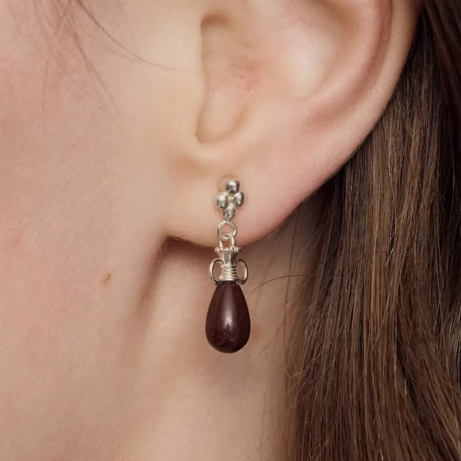 Sterling Silver Pebble Drop Earrings in Gold and Burgundy, product view