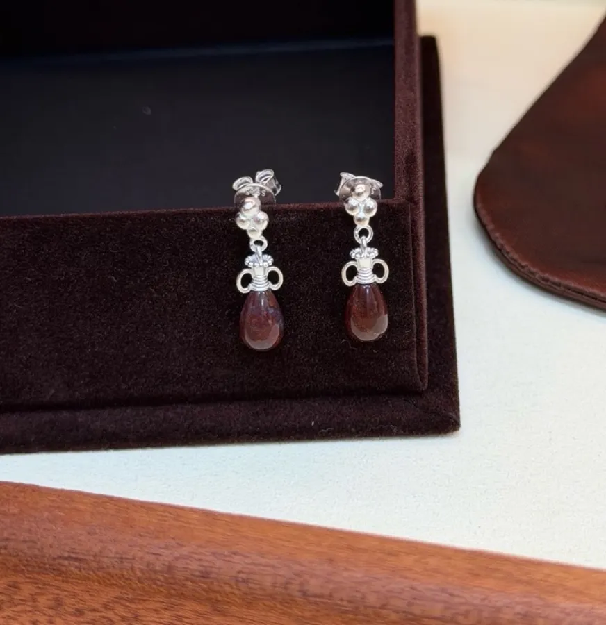 Sterling Silver Pebble Drop Earrings in Gold and Burgundy, product view 02