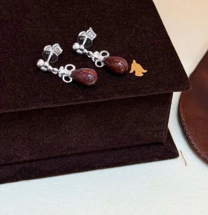 Sterling Silver Pebble Drop Earrings in Gold and Burgundy, product view 03