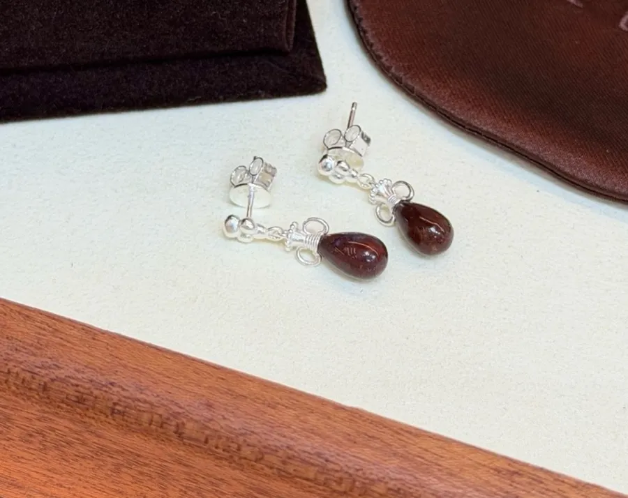 Sterling Silver Pebble Drop Earrings in Gold and Burgundy, product view 04