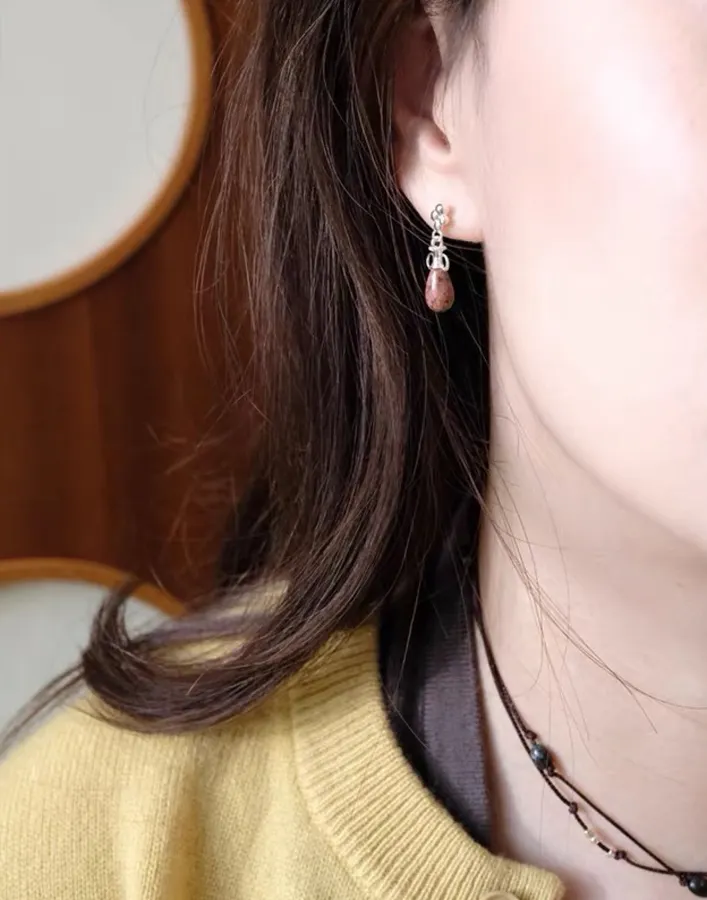 Sterling Silver Pebble Drop Earrings in Gold and Burgundy, product view 08