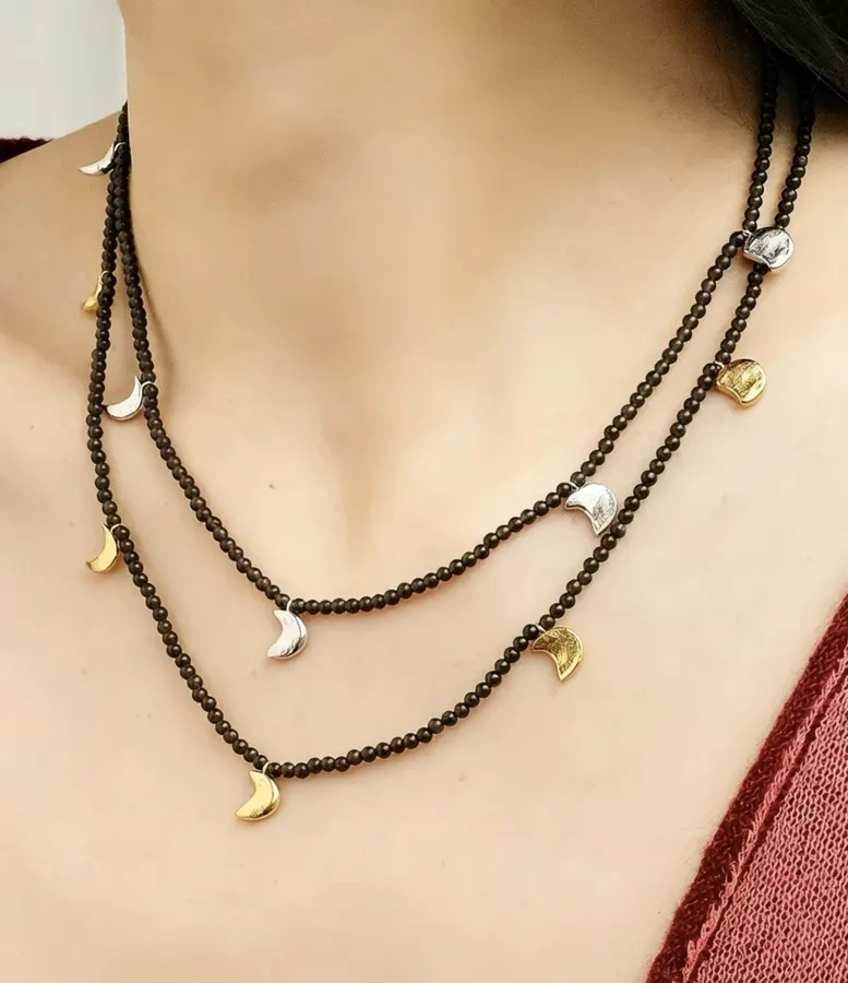 Black Double-Strand Beaded Moon-Charm Necklace in Black, product view