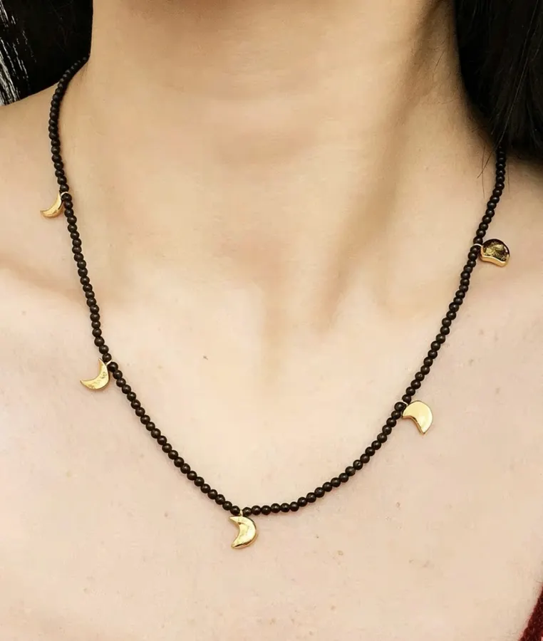Black Double-Strand Beaded Moon-Charm Necklace in Black, product view 02