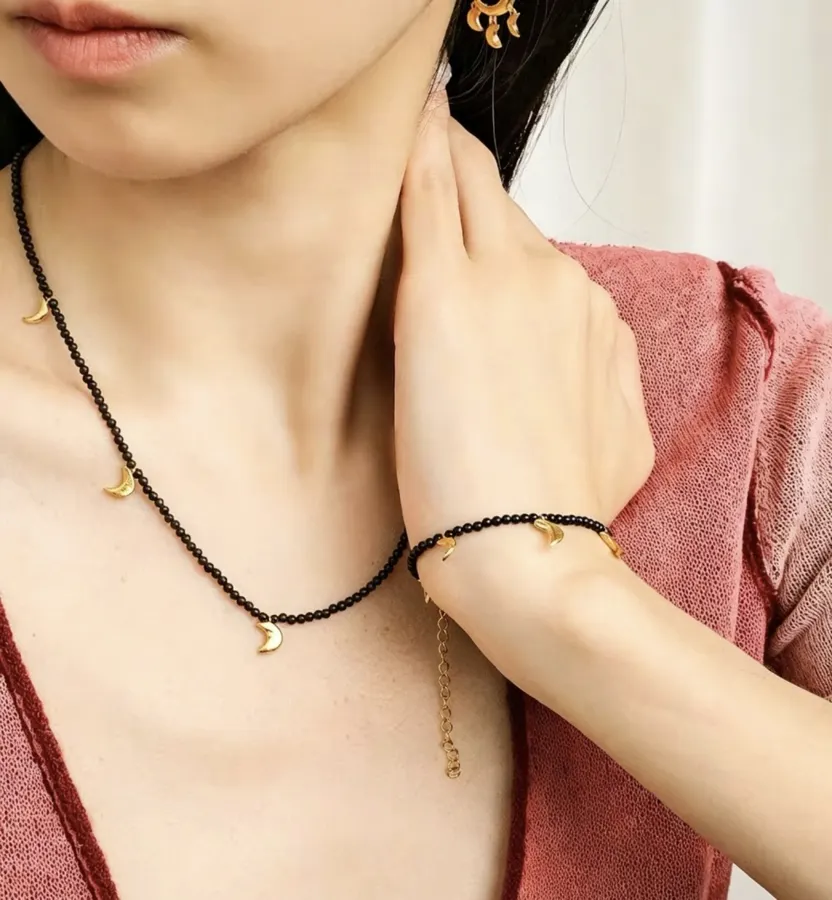 Black Double-Strand Beaded Moon-Charm Necklace in Black, product view 03