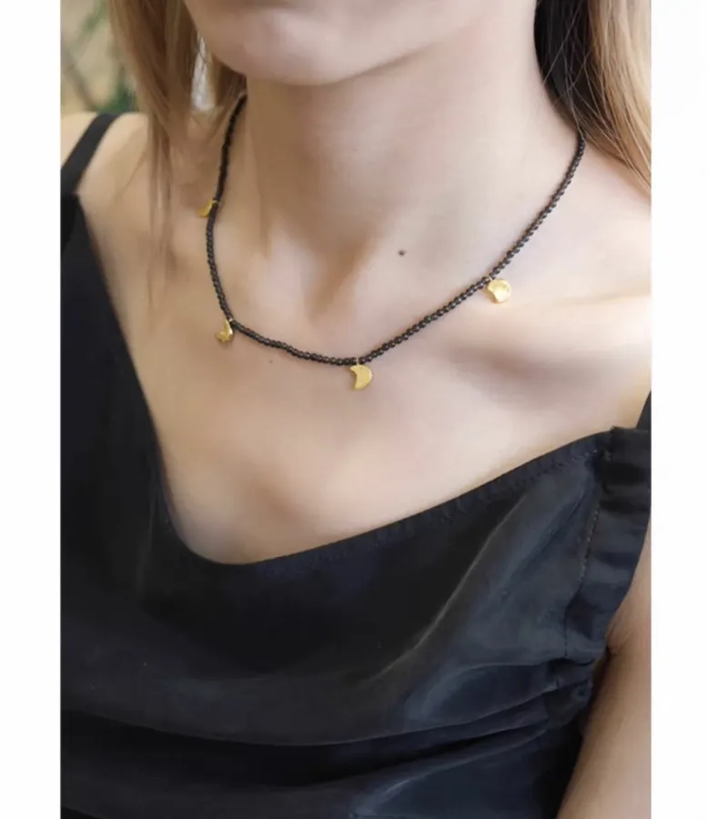 Black Double-Strand Beaded Moon-Charm Necklace in Black, product view 04