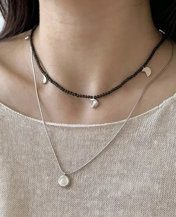 Black Double-Strand Beaded Moon-Charm Necklace in Black, product view 05