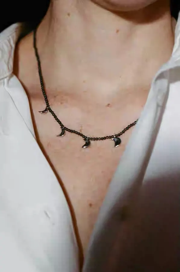 Black Double-Strand Beaded Moon-Charm Necklace in Black, product view 06