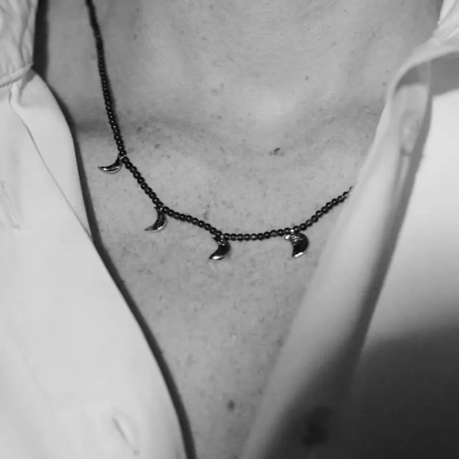 Black Double-Strand Beaded Moon-Charm Necklace in Black, product view 07