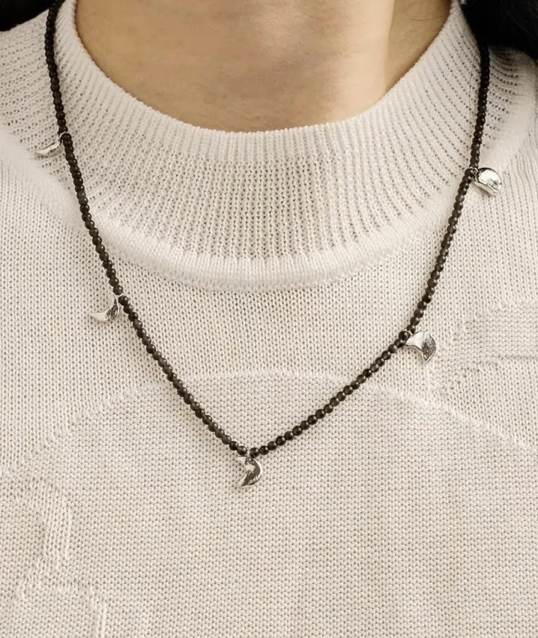 Black Double-Strand Beaded Moon-Charm Necklace in Black, product view 08