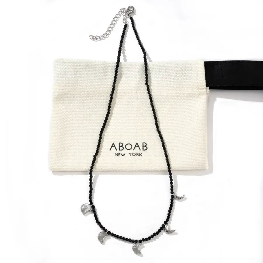 Black Double-Strand Beaded Moon-Charm Necklace in Black, product view 10