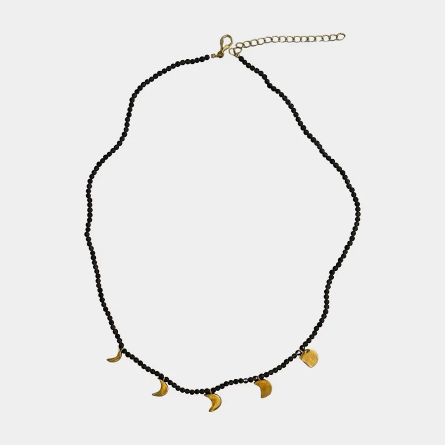 Black Double-Strand Beaded Moon-Charm Necklace in Black, product view 11