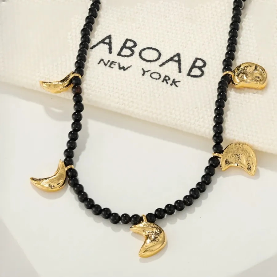 Black Double-Strand Beaded Moon-Charm Necklace in Black, product view 12