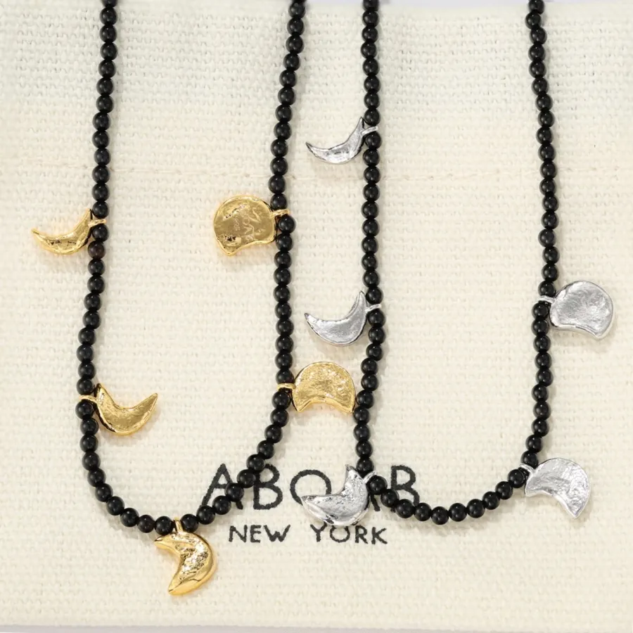 Black Double-Strand Beaded Moon-Charm Necklace in Black, product view 13