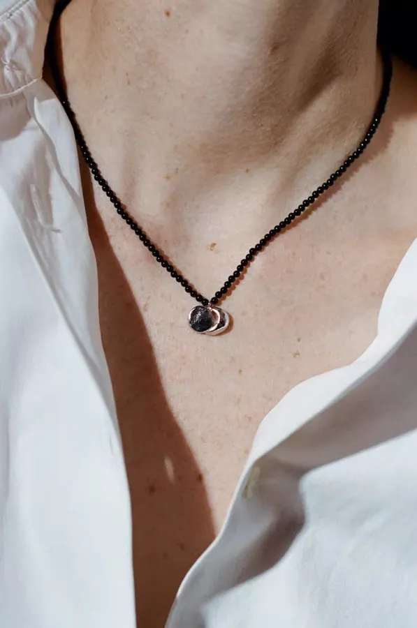 Linked-Crescent Sterling Silver Necklace in Black and Gold, product view 05