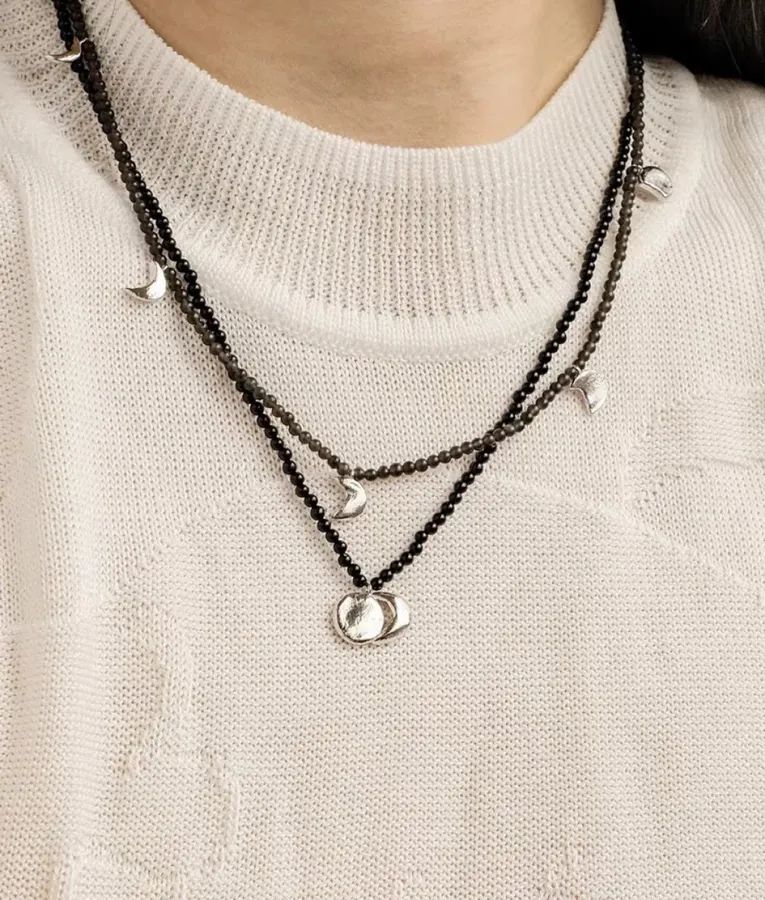 Linked-Crescent Sterling Silver Necklace in Black and Gold, product view 11