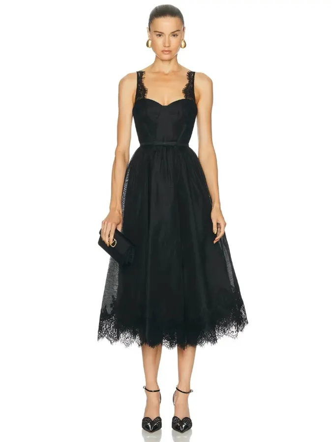 Black Lace-Panel High-Waist Dress in Black, product view 01