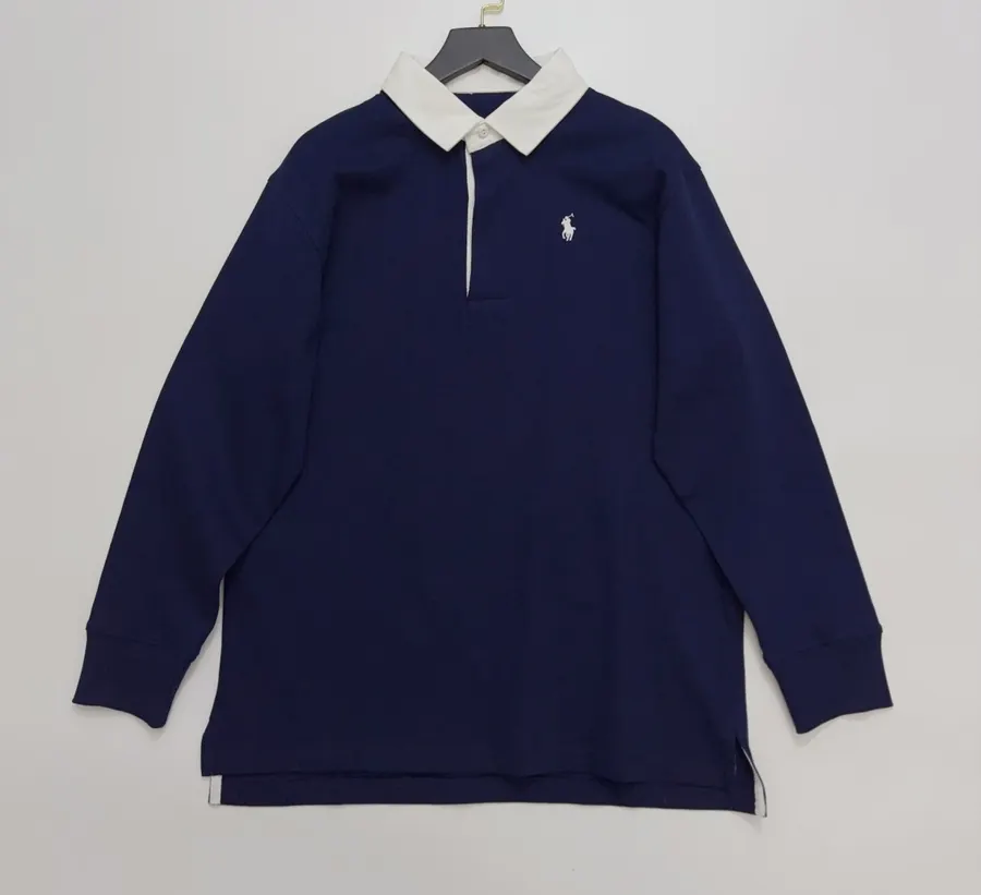 Navy Contrast-Collar Long-Sleeve Polo Sweatshirt in Navy, product view 01