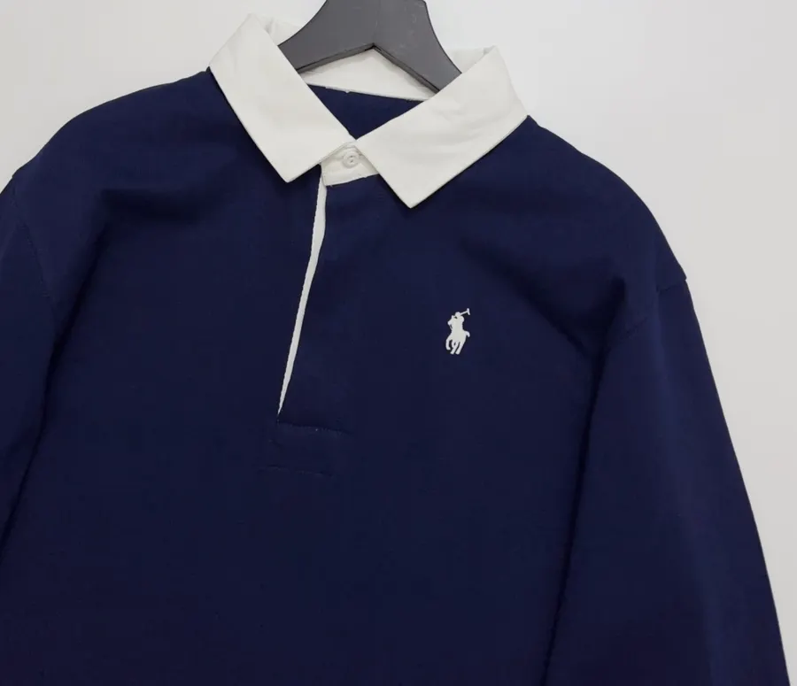 Navy Contrast-Collar Long-Sleeve Polo Sweatshirt in Navy, product view 02