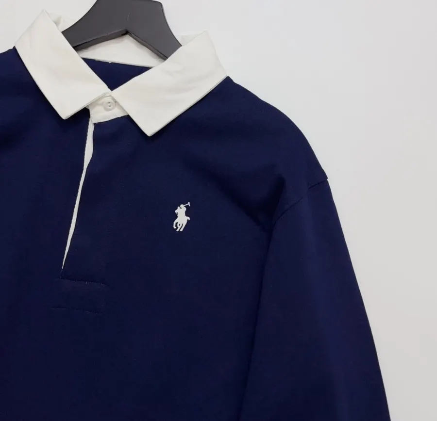 Navy Contrast-Collar Long-Sleeve Polo Sweatshirt in Navy, product view 03