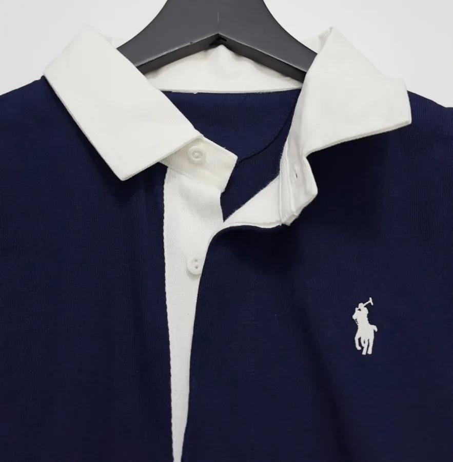 Navy Contrast-Collar Long-Sleeve Polo Sweatshirt in Navy, product view 04