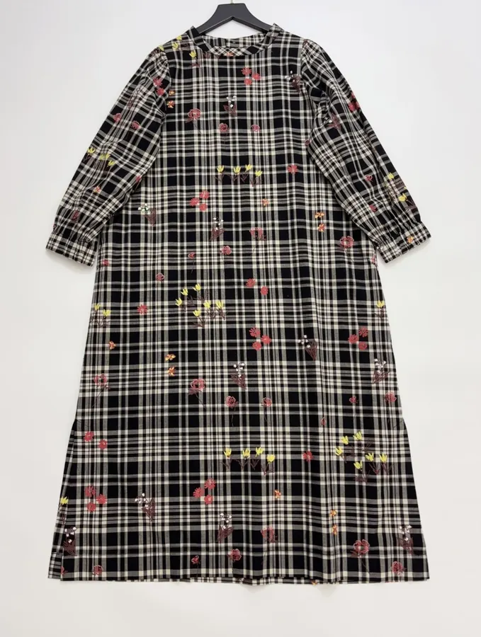Cotton Maxi Dress in Black Plaid, product view 01