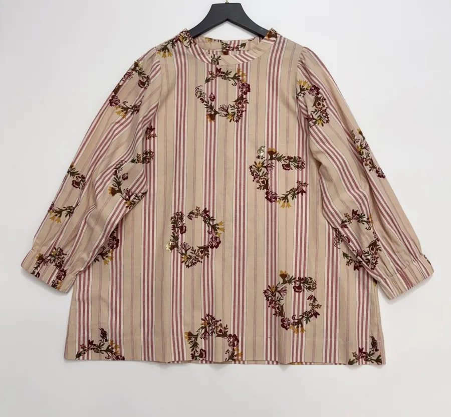 Cotton Relaxed Babydoll Shirt in Beige and Pink, product view 01