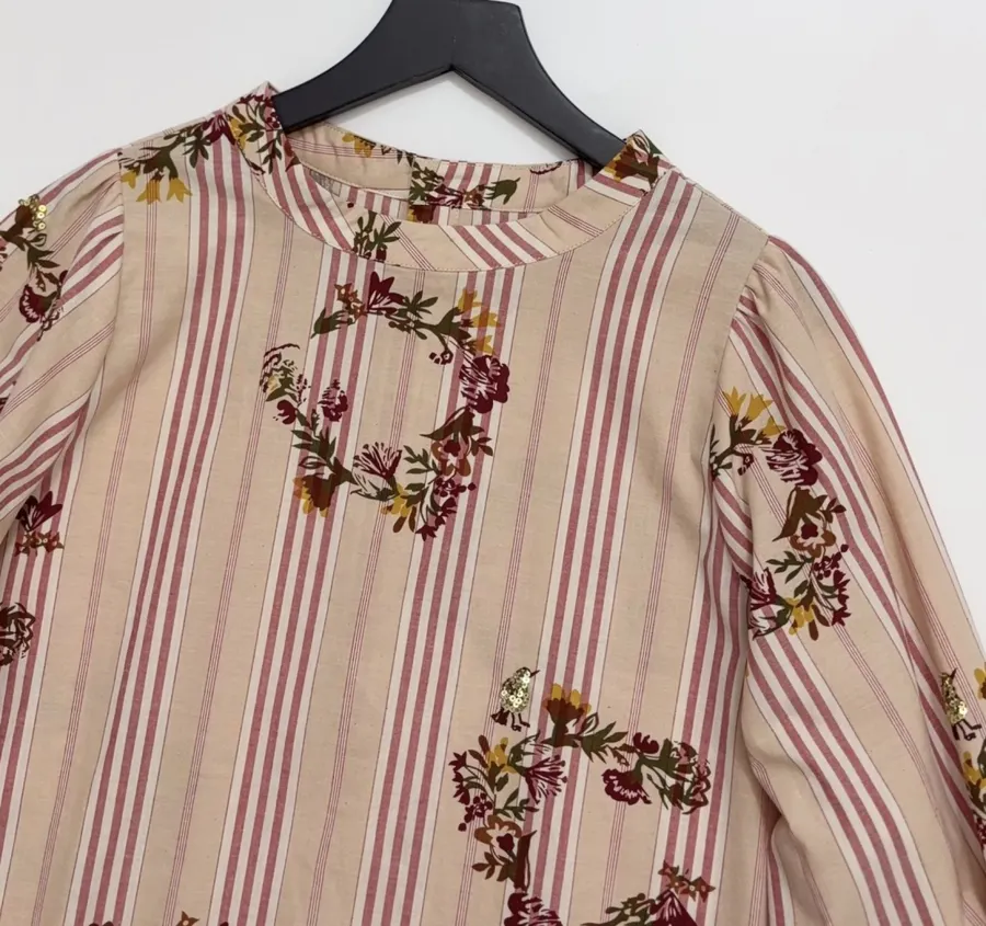 Cotton Relaxed Babydoll Shirt in Beige and Pink, product view 02
